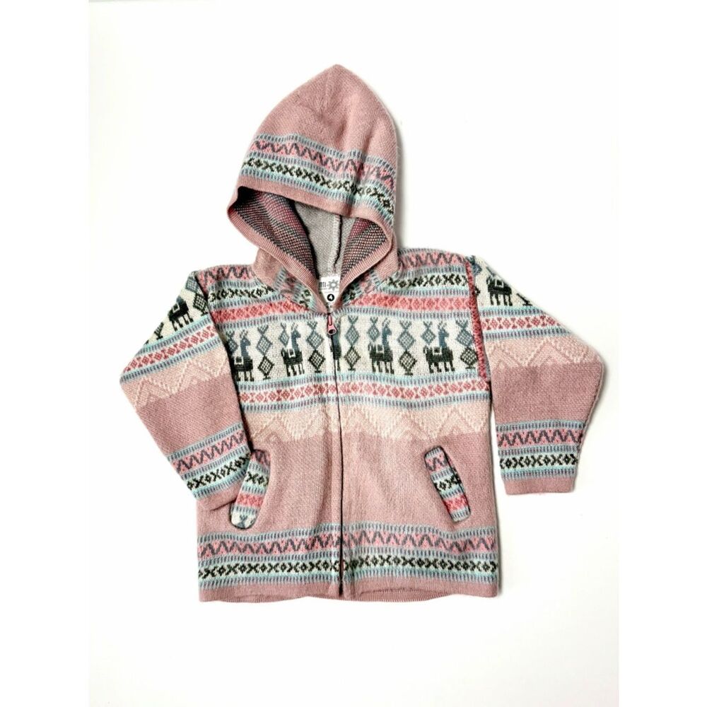 Inti Tejidos Wool Zip Front Hoodie Sweater Jacket Llama Fair Isle Ecuador Kids 4